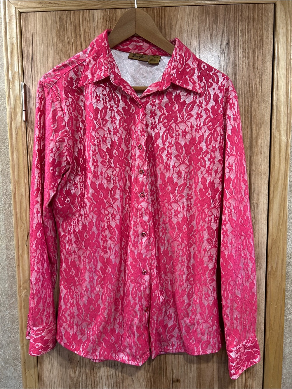 Wrangler Pink Lace-Overlay Snap-Up Top